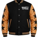Marty Supreme Brown and Black Stars Letterman Varsity Leather Jacket