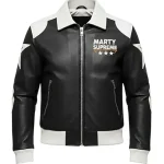 Marty Supreme White and Black Color-Blocked Leather Bomber Jacket